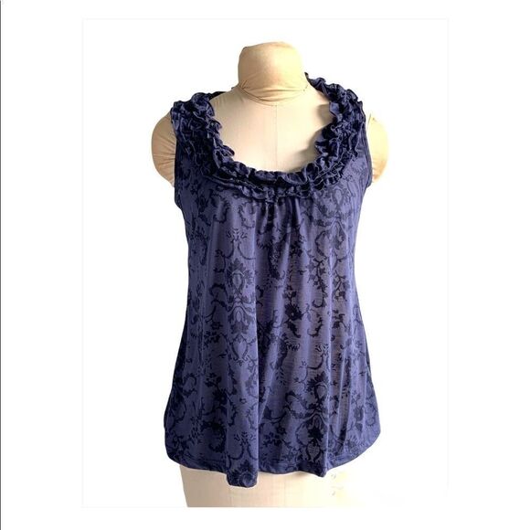 Vtg Tastament Navy blue sheer floral tunic top with ruffled neckline Small EUC - Picture 1 of 9